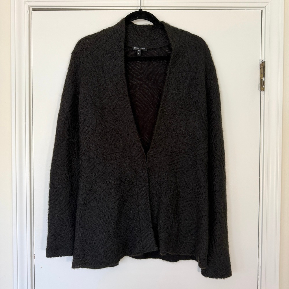 Eileen Fisher Mohair Blend Textured Open Front Cardigan Black Size‎ Medium